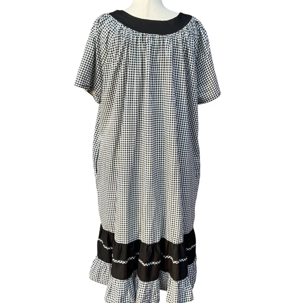 Vintage Womens Gingham Dress 3X Black White Lattice Prairie Southwestern Muumuu